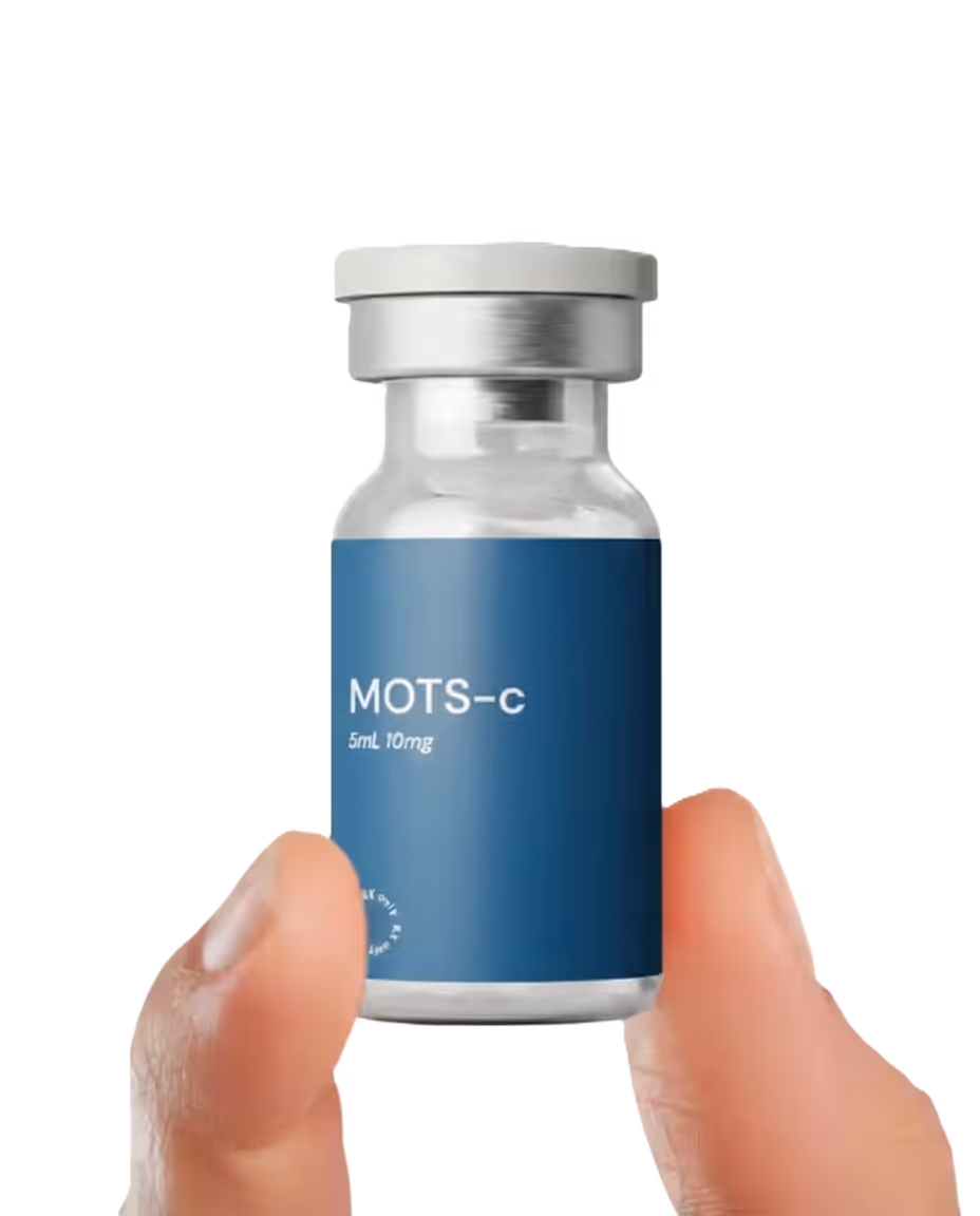 MOTS-c peptide therapy vial held in hand, featuring a blue label with dosage details.